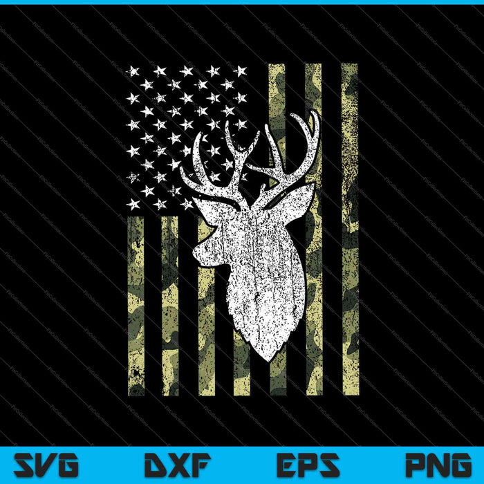 Whitetail Buck Deer Caza Camuflaje Americano Bandera de EE.UU. SVG PNG Cortar archivos imprimibles