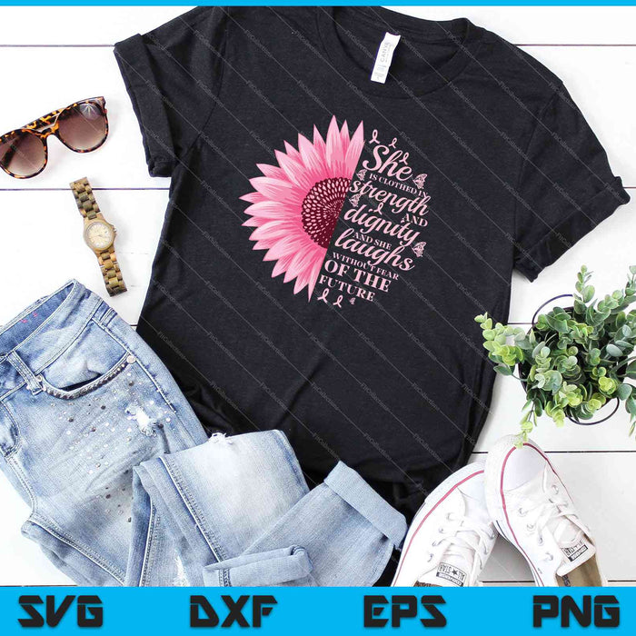 Black t-shirt printed with the pink sunflower Proverbs 31 verse