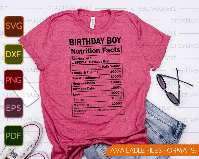 Cumpleaños niño información nutricional SVG PNG corte archivos imprimibles