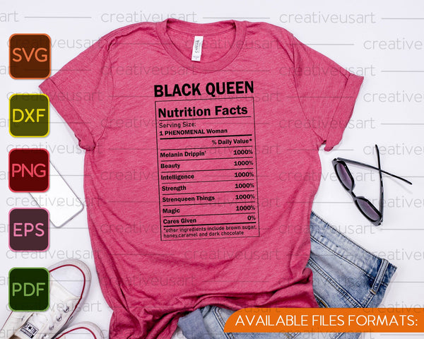 Datos nutricionales de Black Queen SVG PNG Cortando archivos imprimibles - on a t-shirt