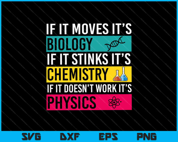 Si se mueve es biología si apesta es química si no funciona es física SVG PNG cortando archivos imprimibles